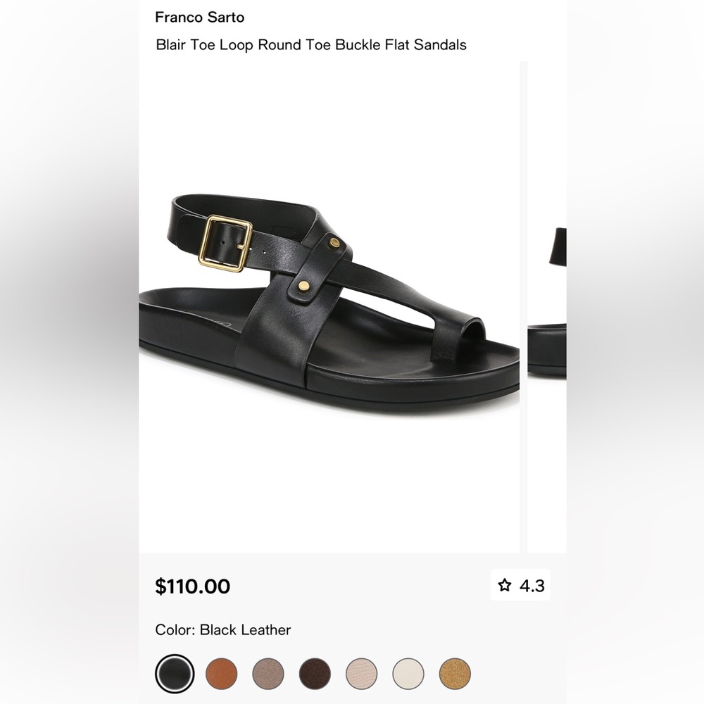 🖤🌞 Franco Sarto Blair Black Leather Footbed Sandals with Gold Buckle